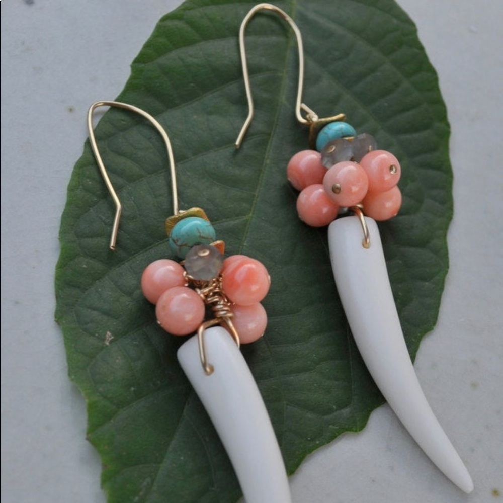 Coral Me Pink Earrings | Herringbone Horn, Pink Coral, Magnesite, 14k Gold Fill